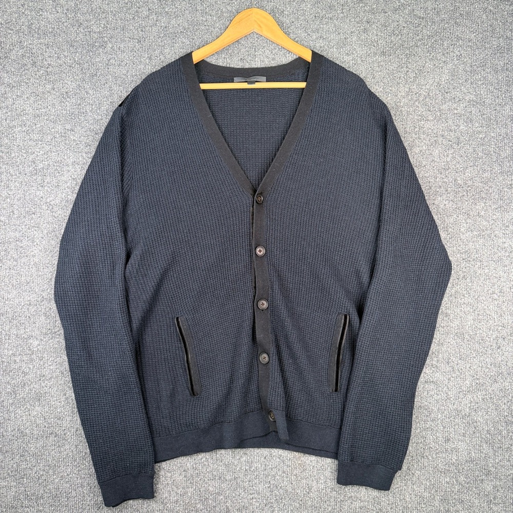 John Varvatos Cardigan Sweater Mens 2XL Blue Black Silk Cashmere Textured Knit